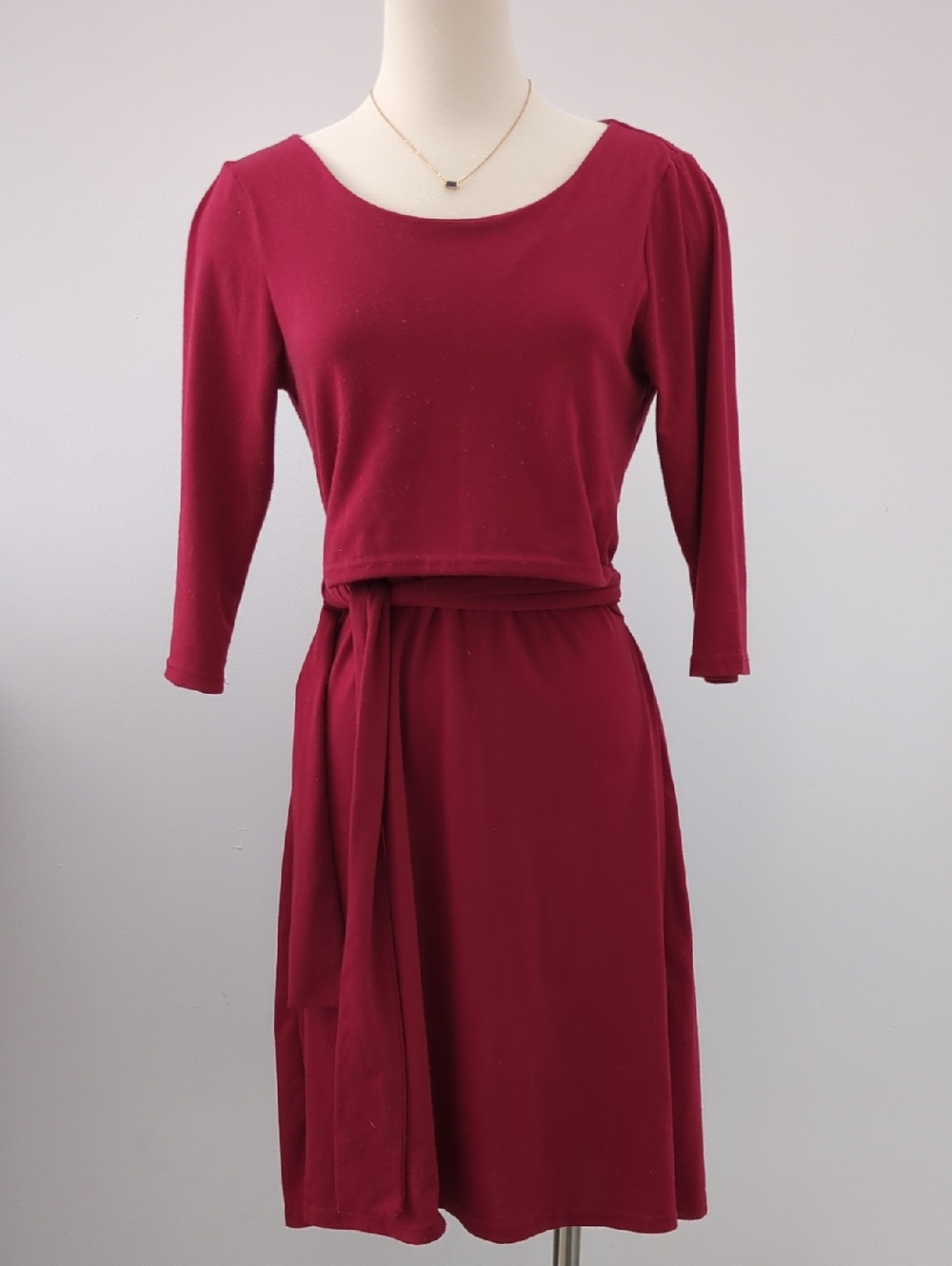 PatPat Wine Red Tie-Waist Long Sleeve Maternity And Nursing Dress